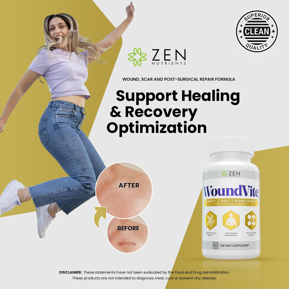 Detalle de la textura de la cápsula de Zen Nutrients WoundVite enfatizando calidad vegana