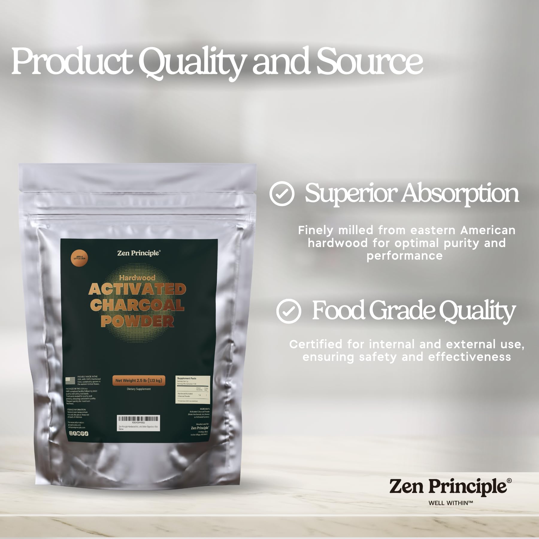 Zen Principle junto a cuchara para escalar dosis y aplicar con precisión