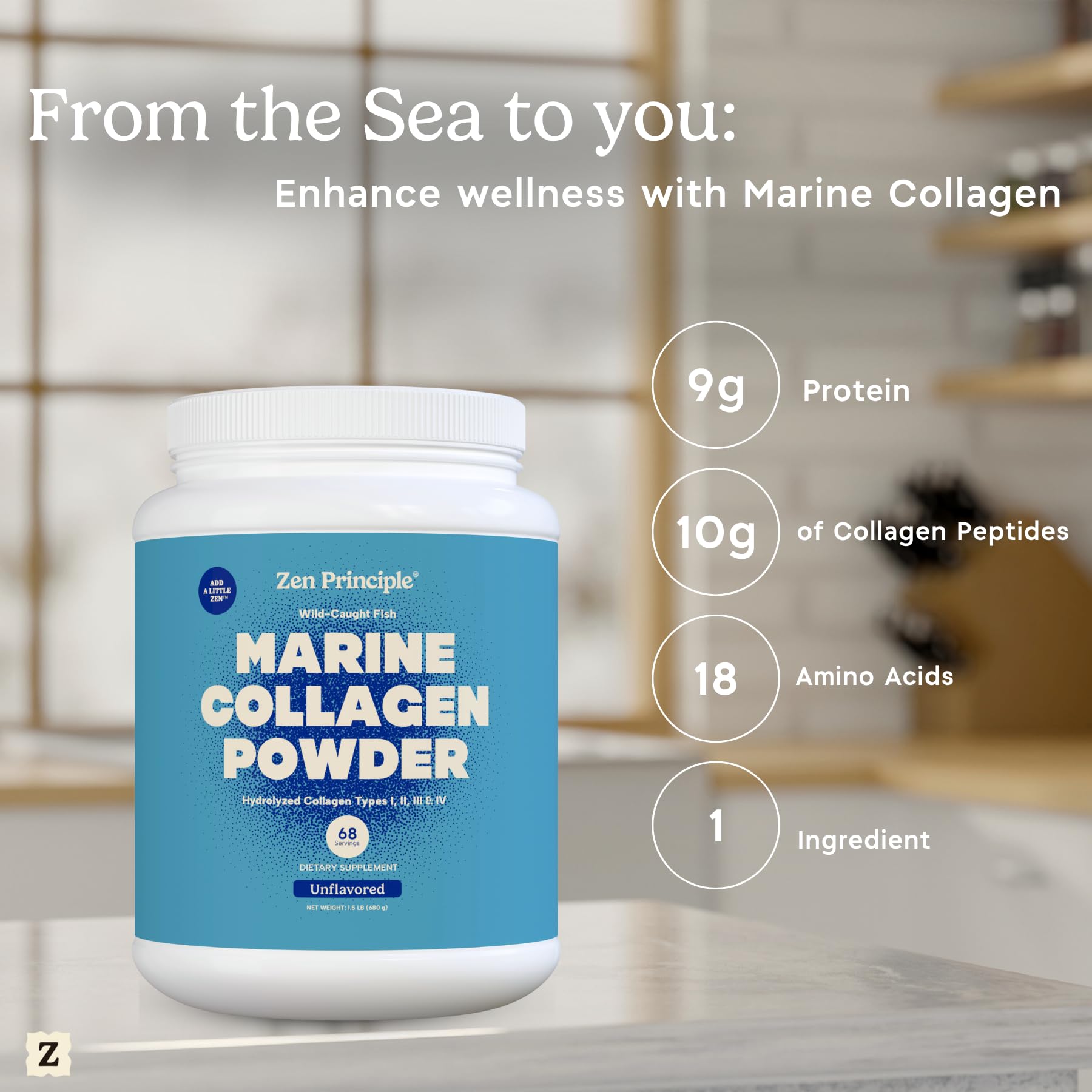 Zen Principle etiqueta nutricional con detalles de proteína y calorías por porción