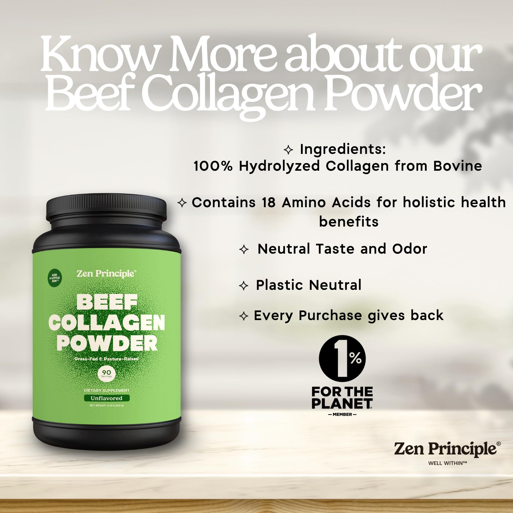 Zen Principle batido con colágeno en uso para apoyar rutina nutricional