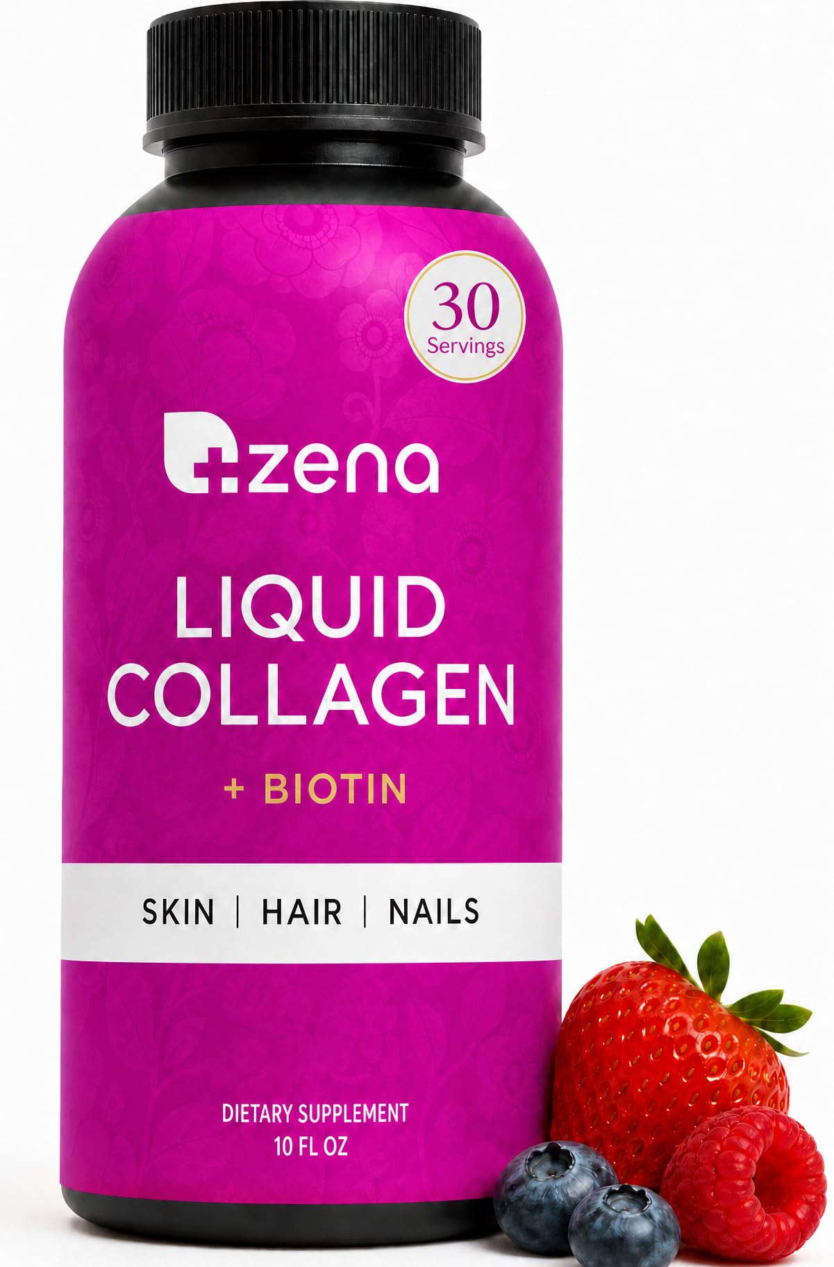 Zena Nutrition frasco frontal mostrando el producto y beneficios visibles