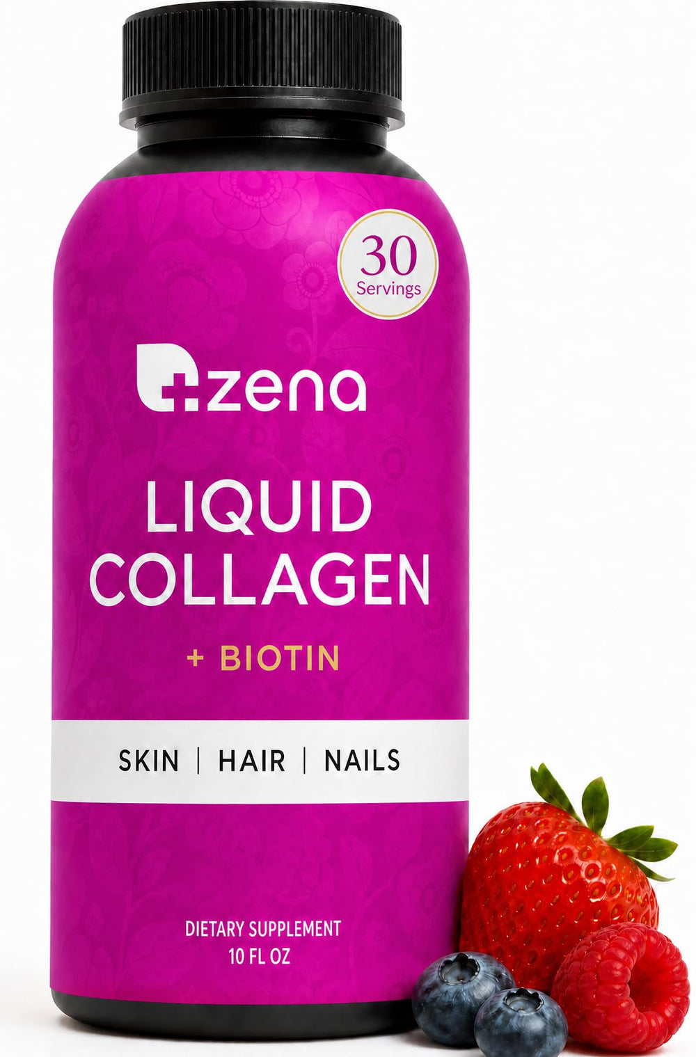 Zena Nutrition frasco frontal mostrando el producto y beneficios visibles