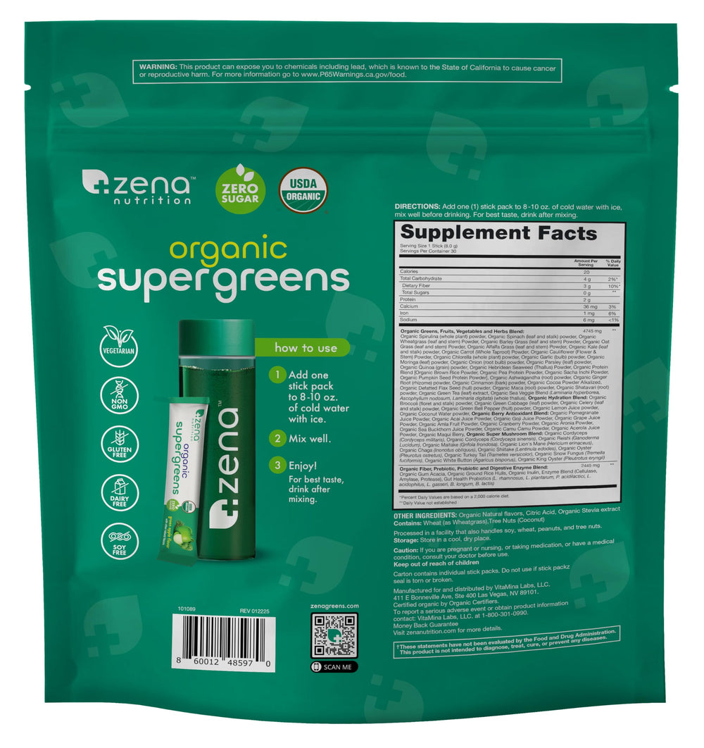 Zena Nutrition sobres dentro de una bolsa de gimnasio listos para llevar