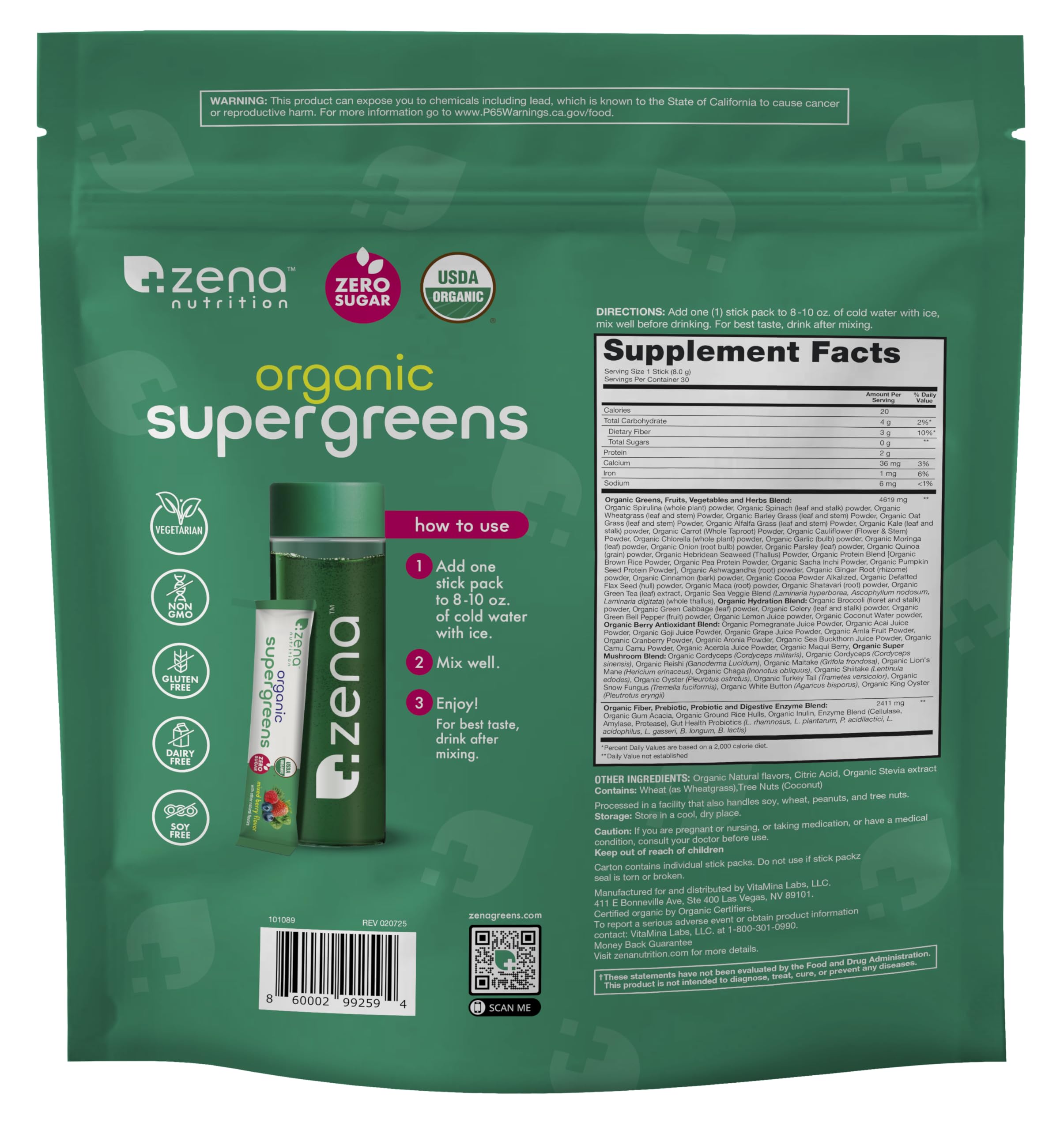 Zena Nutrition en bolsa de gimnasio y botella, conveniente para personas activas