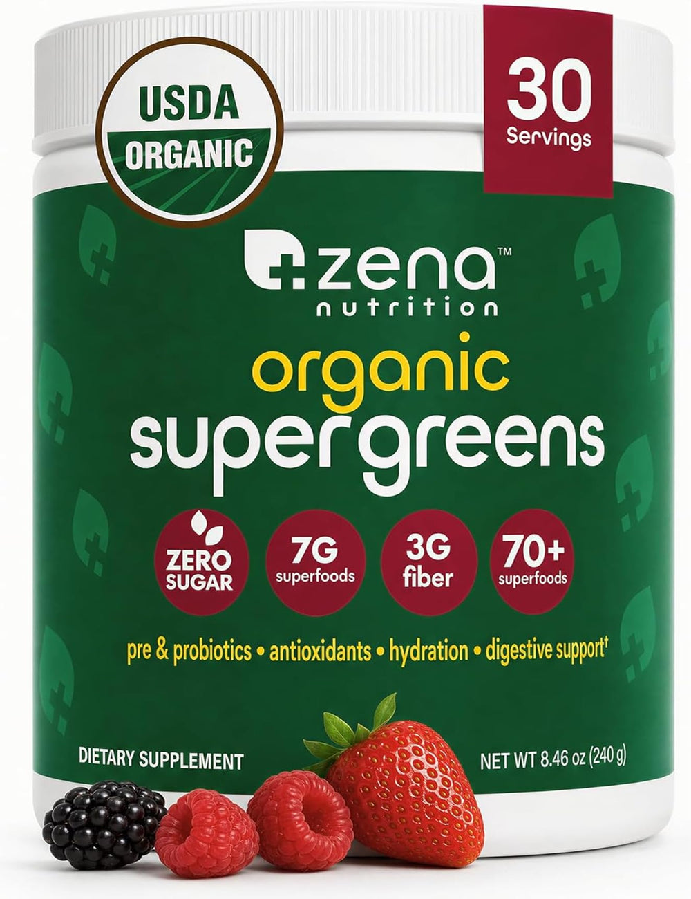 Zena Nutrition frasco frontal mostrando el envase y beneficio práctico