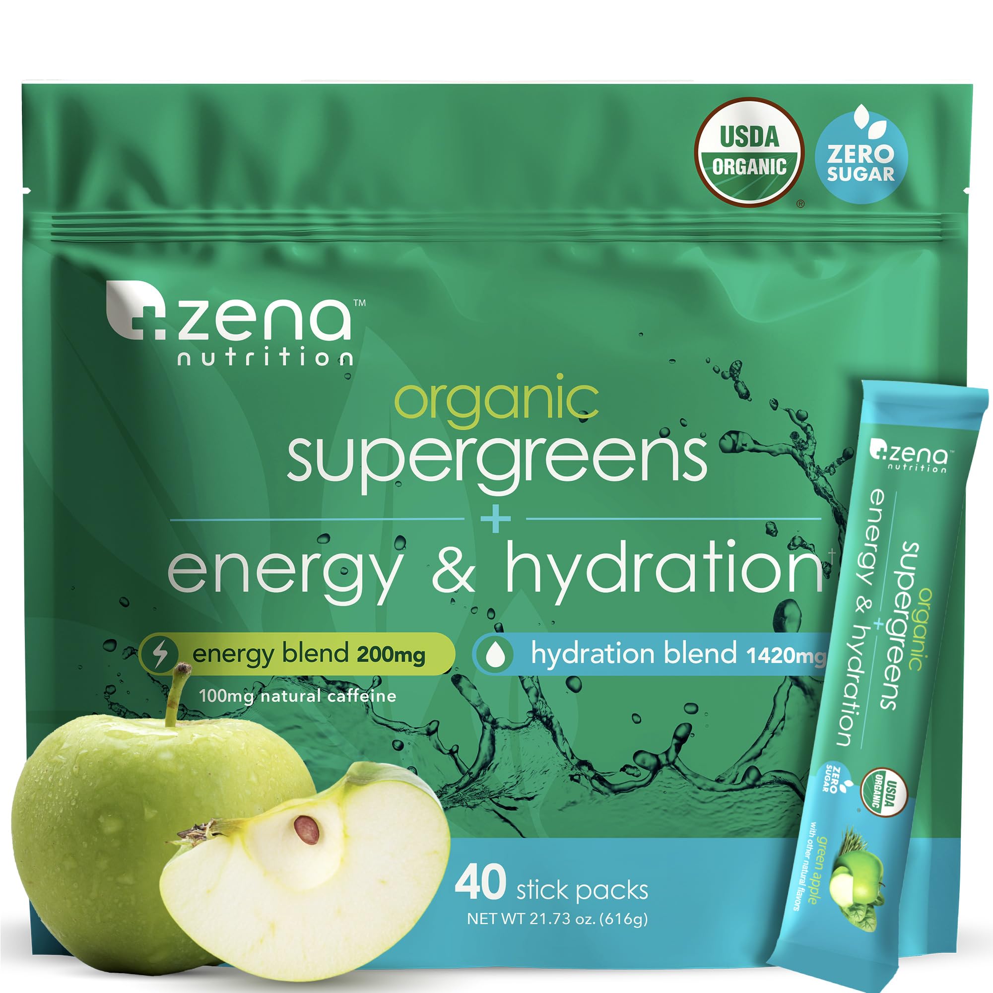 Zena Nutrition frente de caja mostrando sobres y beneficios energéticos