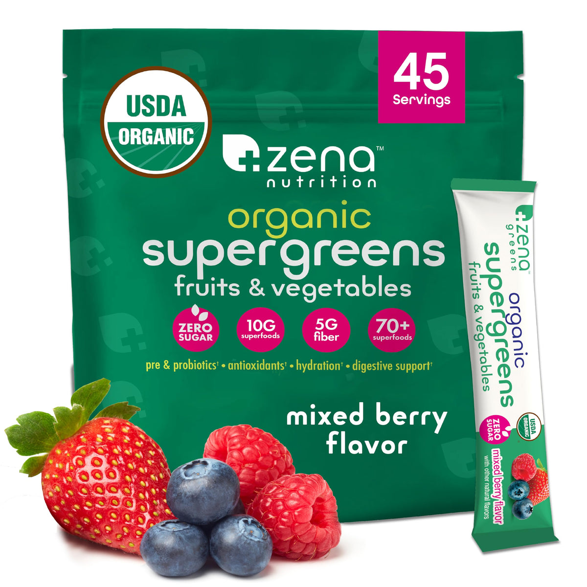 Zena Nutrition frente del empaque mostrando 45 sobres y beneficios visibles