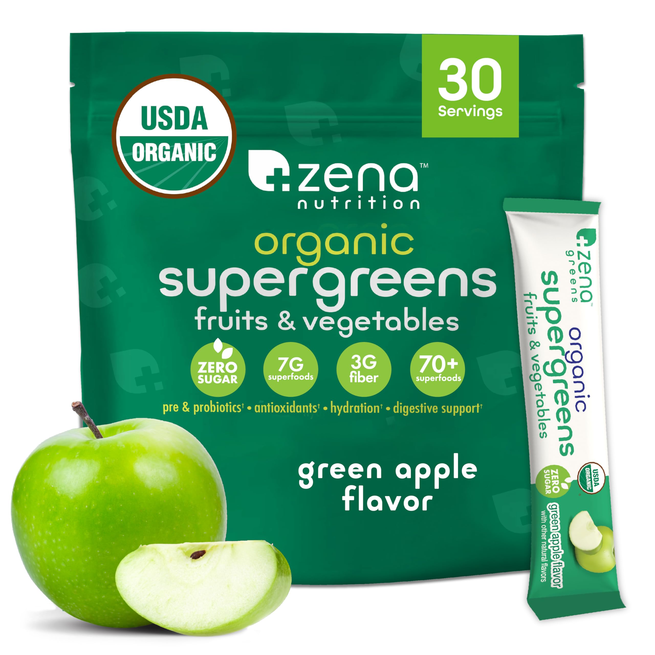 Zena Nutrition empaque frontal mostrando sobres y beneficios orgánicos