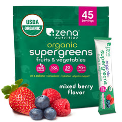 Zena Nutrition frente del empaque mostrando 45 sobres y beneficios visibles