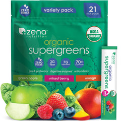 Zena Nutrition frente del envase y sobres mostrando conveniencia