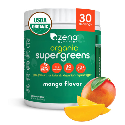 Zena Nutrition envase frontal mostrando sello orgánico y beneficios