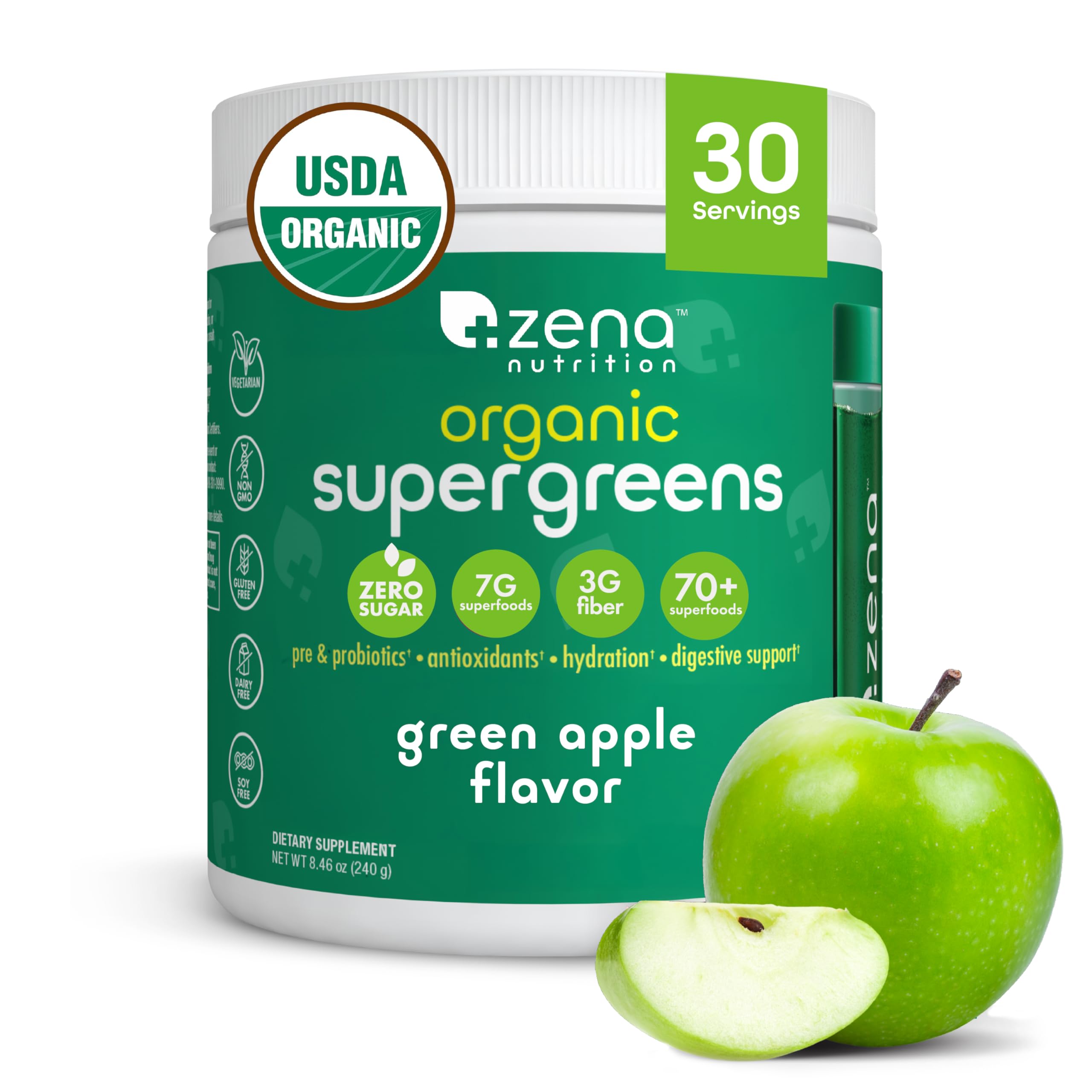Zena Nutrition frente del envase mostrando 30 porciones y sabor manzana verde
