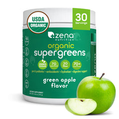 Zena Nutrition frente del envase mostrando 30 porciones y sabor manzana verde