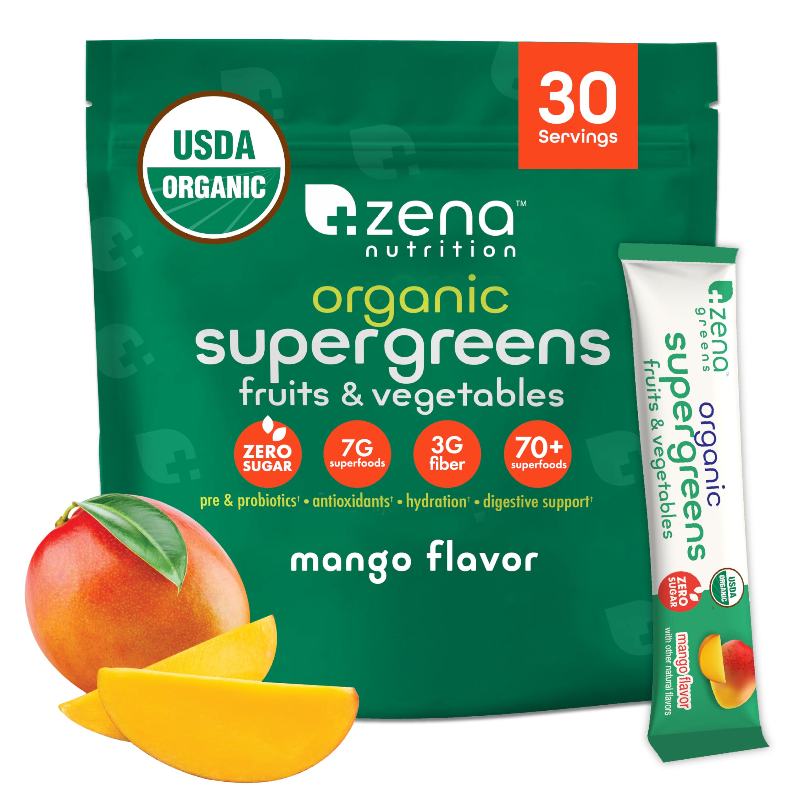 Zena Nutrition frente del sobre mostrando marca y sabor mango, práctico para llevar