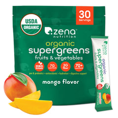 Zena Nutrition frente del sobre mostrando marca y sabor mango, práctico para llevar