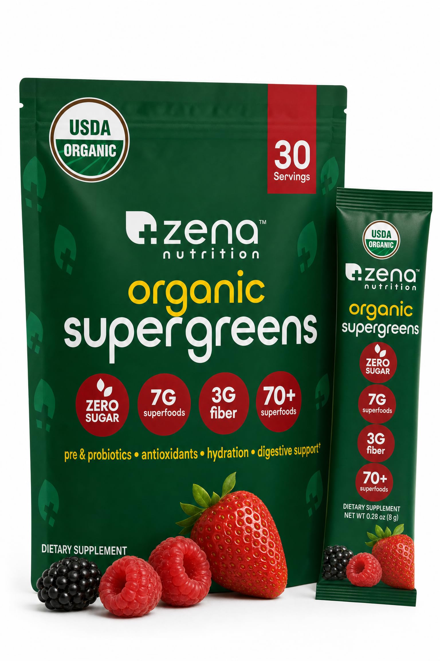 Zena Nutrition empaque frontal mostrando sobres y beneficios principales