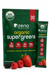 Zena Nutrition empaque frontal mostrando sobres y beneficios principales
