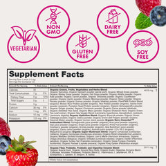 Zena Nutrition ingredientes primarios como spirulina, chlorella y bayas en primer plano