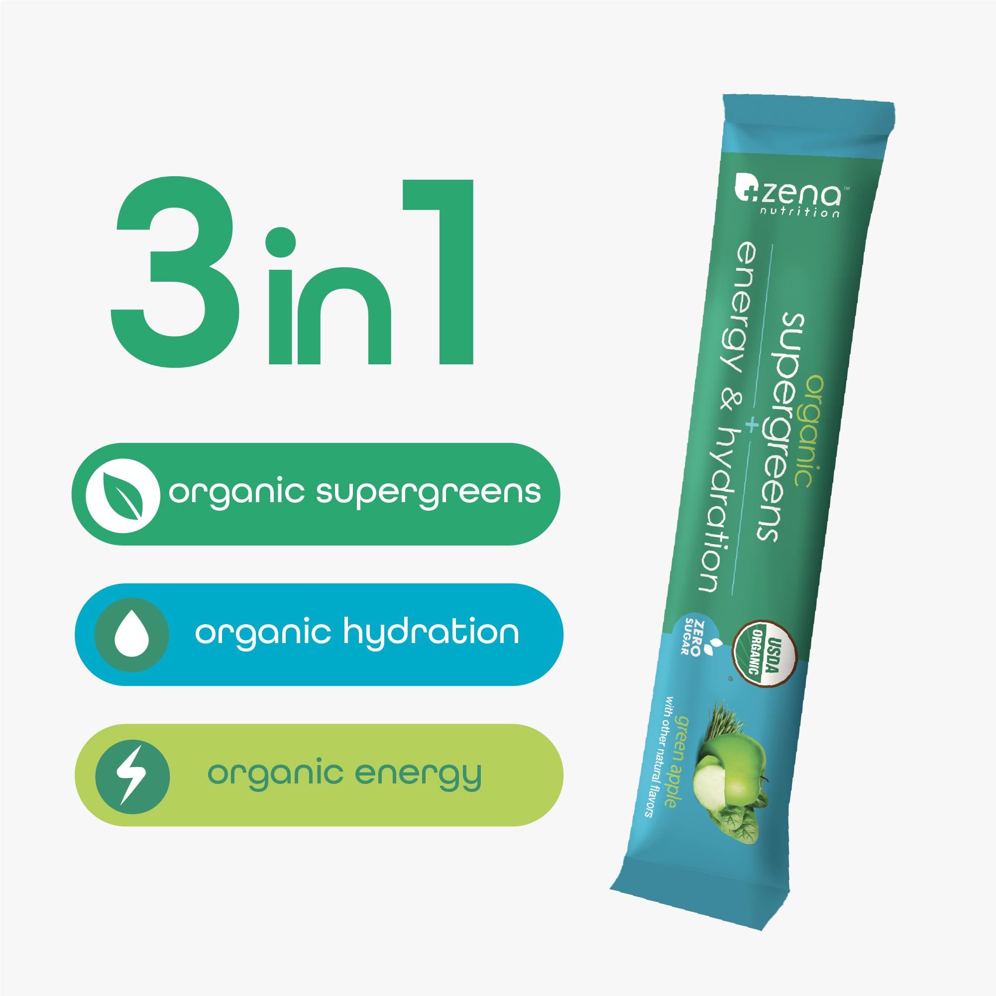 Zena Nutrition sobre abierto con polvo verde, práctico para llevar