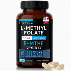 Zenavea envase frontal de L‑Methylfolate 15 mg con información clara y confianza