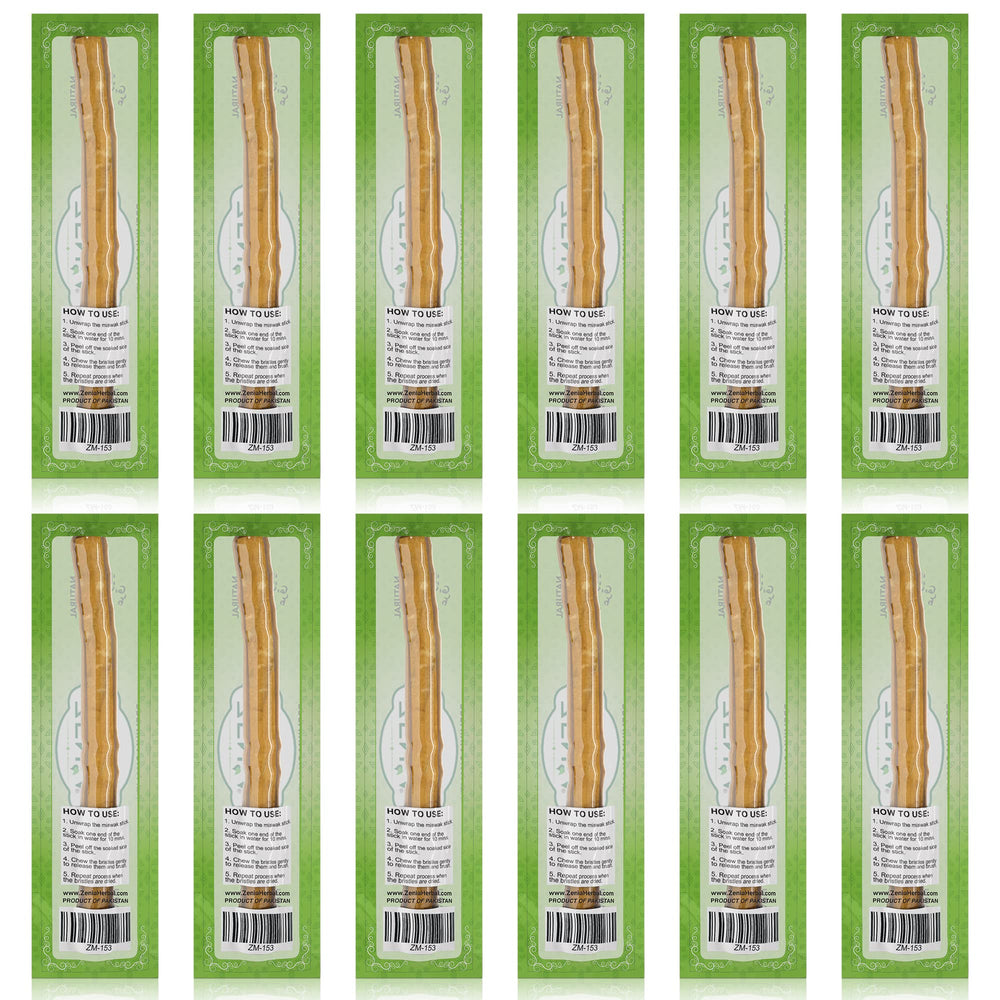 Detalle de la textura del palo Miswak Zenia mostrando fibras naturales