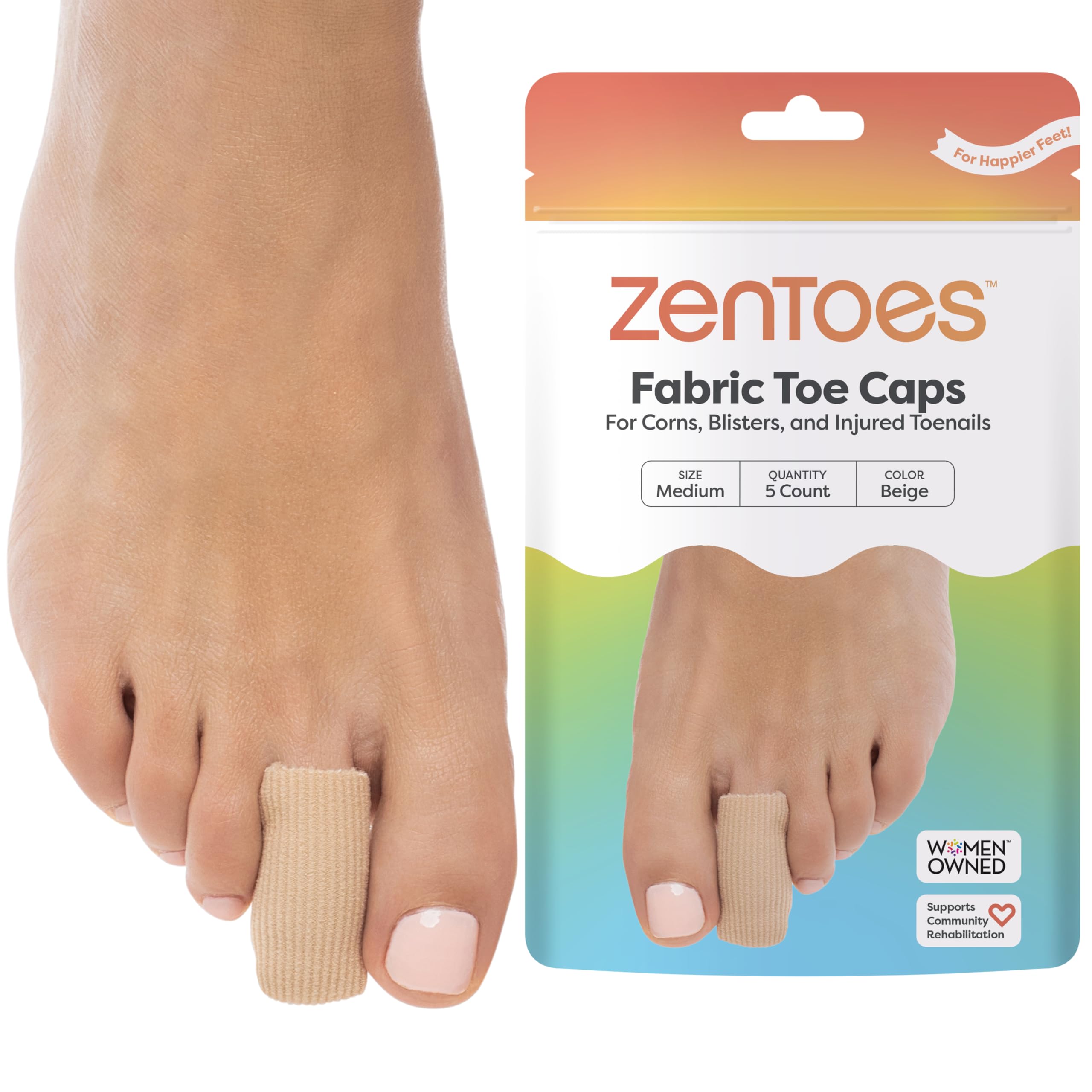 ZenToes empaque frontal mostrando las cinco fundas y beneficios visibles