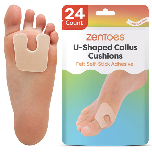 ZenToes empaque frontal que muestra 24 almohadillas y comodidad inmediata
