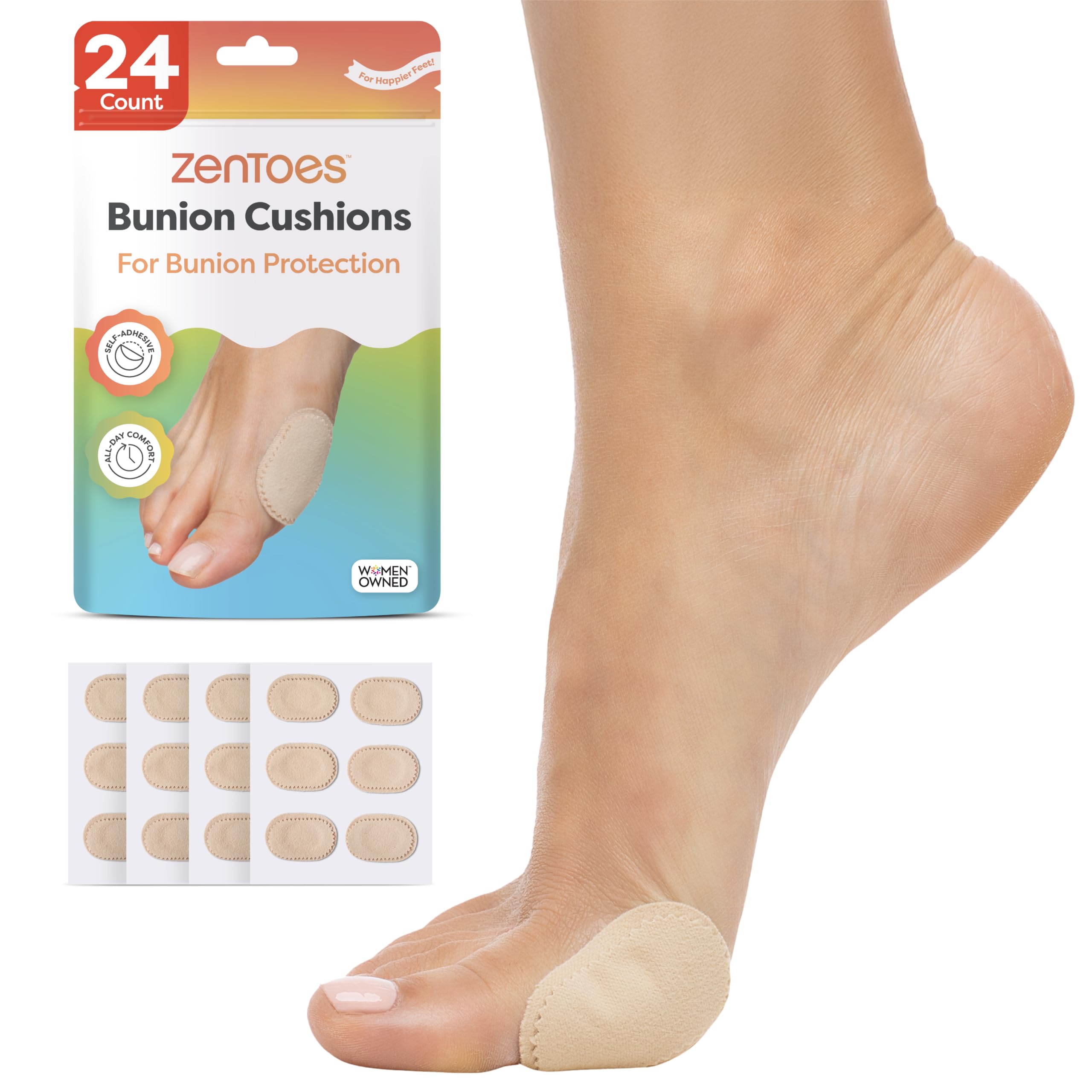 ZenToes paquete frontal mostrando 24 almohadillas y comodidad instantánea