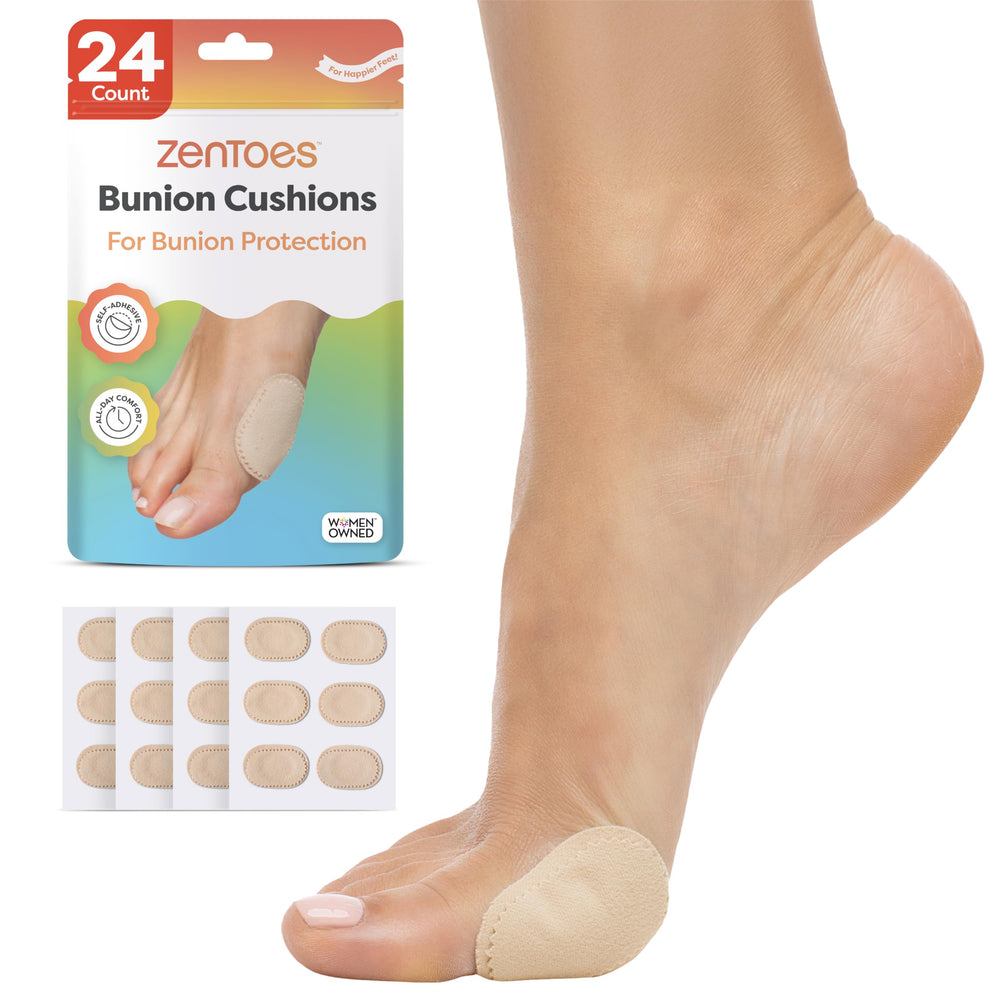 ZenToes paquete frontal mostrando 24 almohadillas y comodidad instantánea