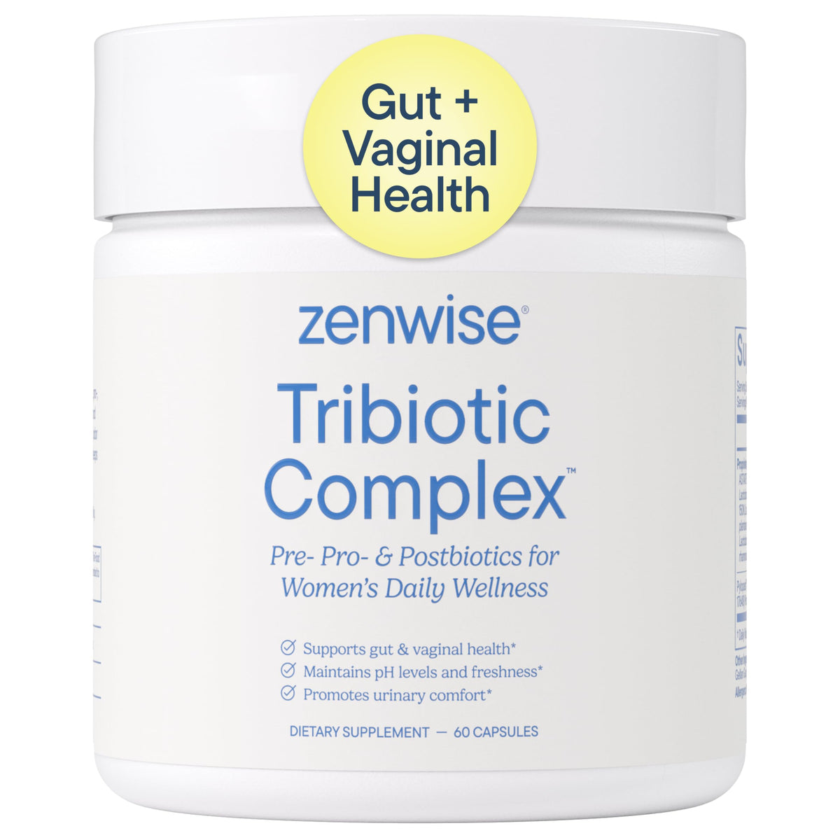 Zenwise Health envase frontal mostrando 60 cápsulas y beneficios