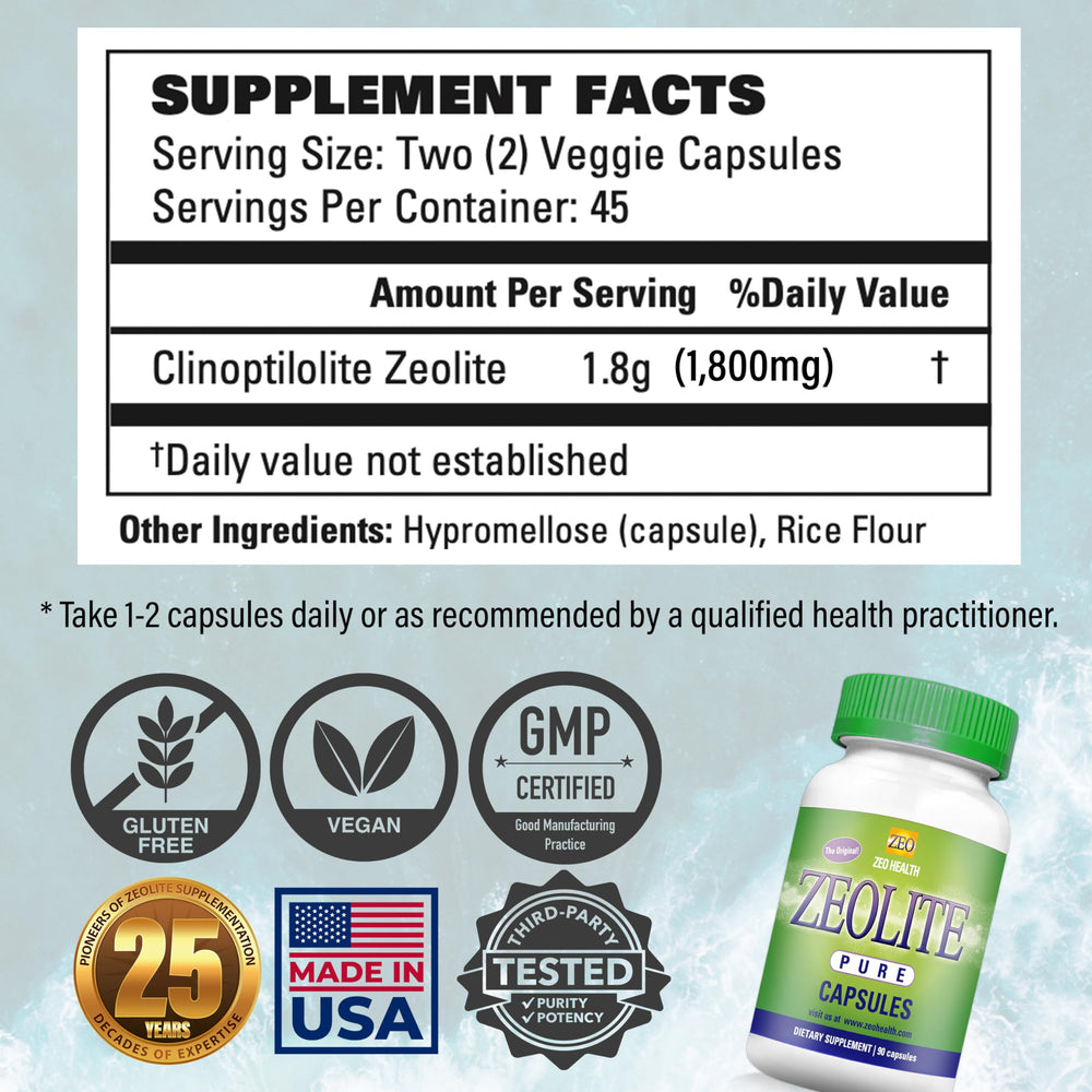 Zeo Health etiqueta con ingredientes y pureza revisada por terceros