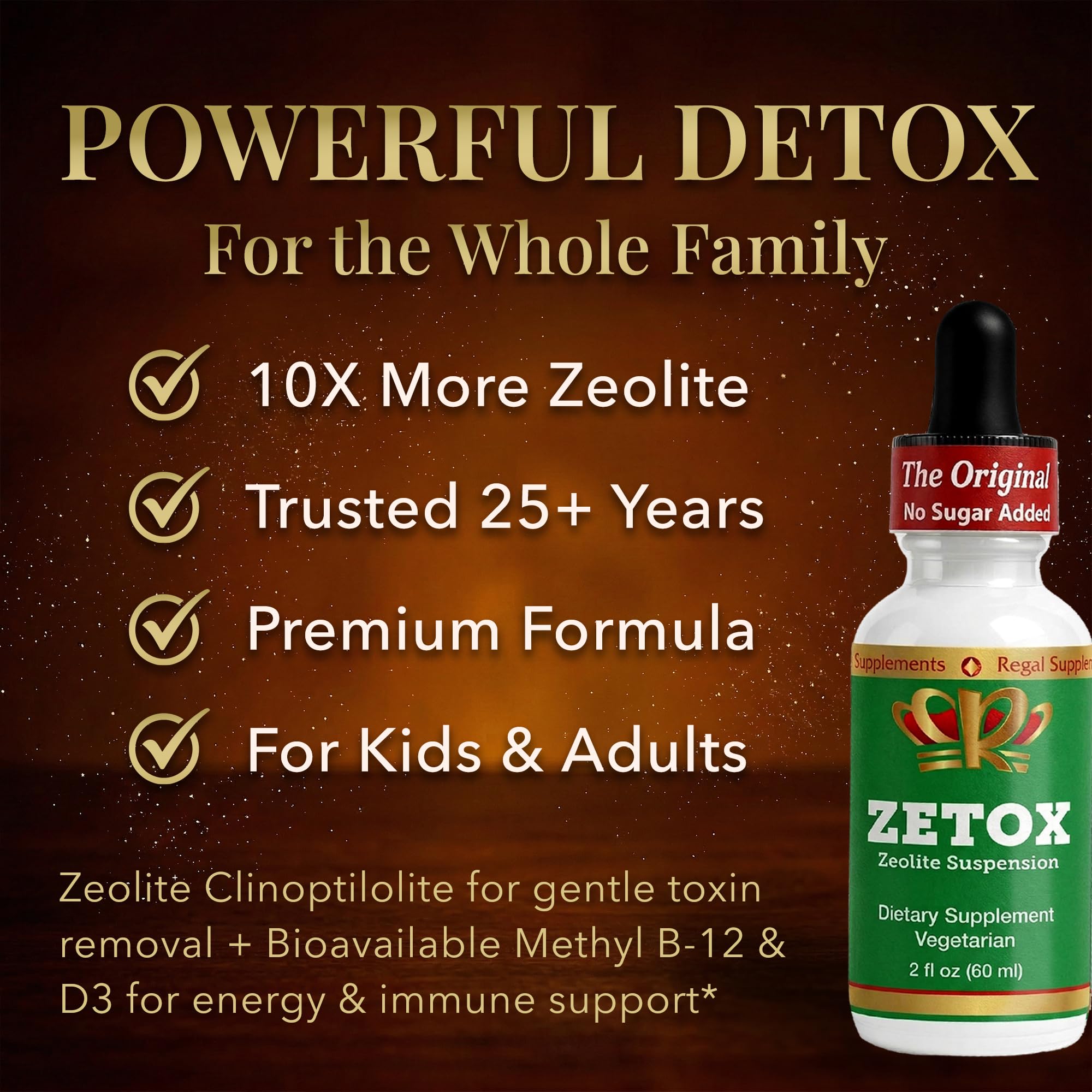 Zeo Health ZETOX etiqueta con lista de ingredientes y sellos de pruebas