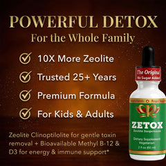 Zeo Health ZETOX etiqueta con lista de ingredientes y sellos de pruebas