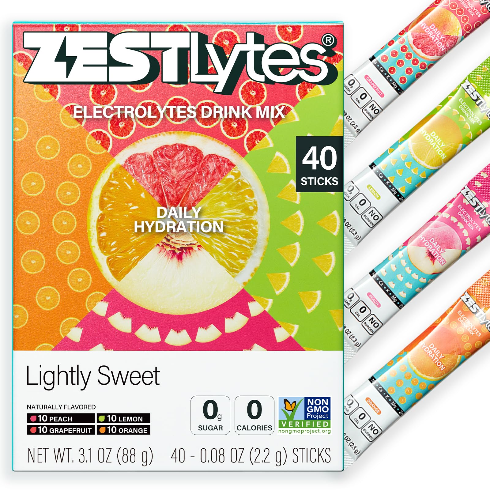 ZestLytes frente del empaque mostrando 40 sticks y beneficios claros
