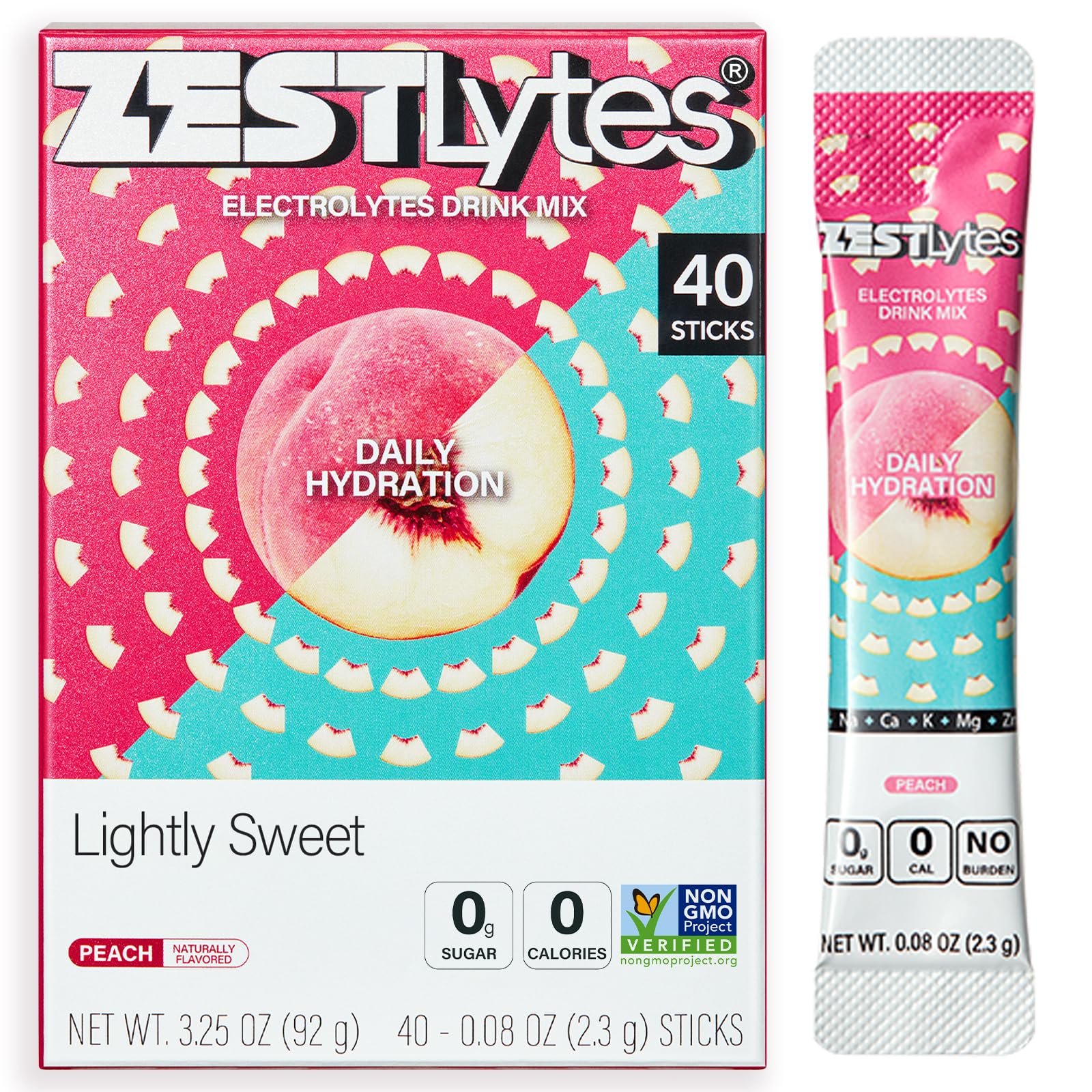 ZestLytes frente del empaque mostrando 40 sticks y beneficios de hidratación