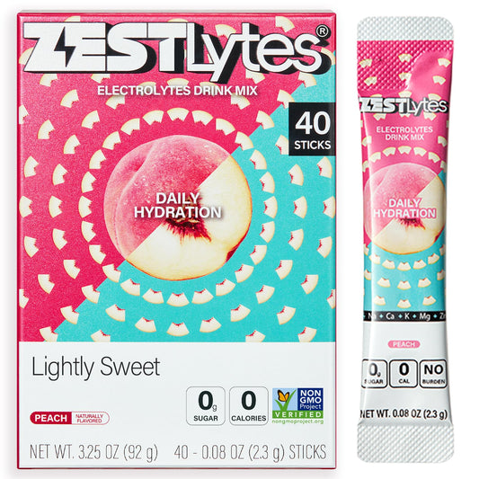 ZestLytes frente del empaque mostrando 40 sticks y beneficios de hidratación
