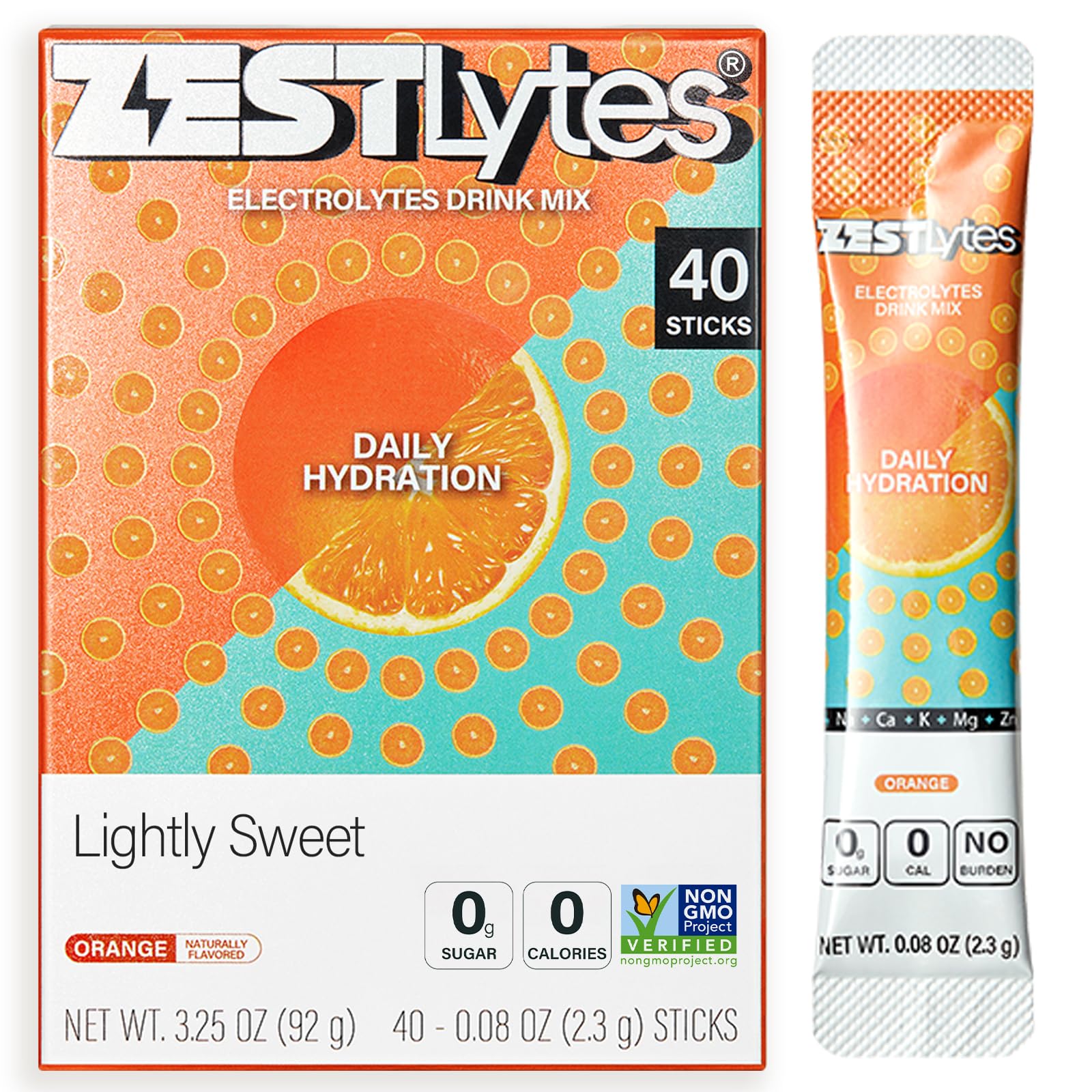 ZestLytes frente del paquete mostrando 40 sticks y conveniencia para viajes