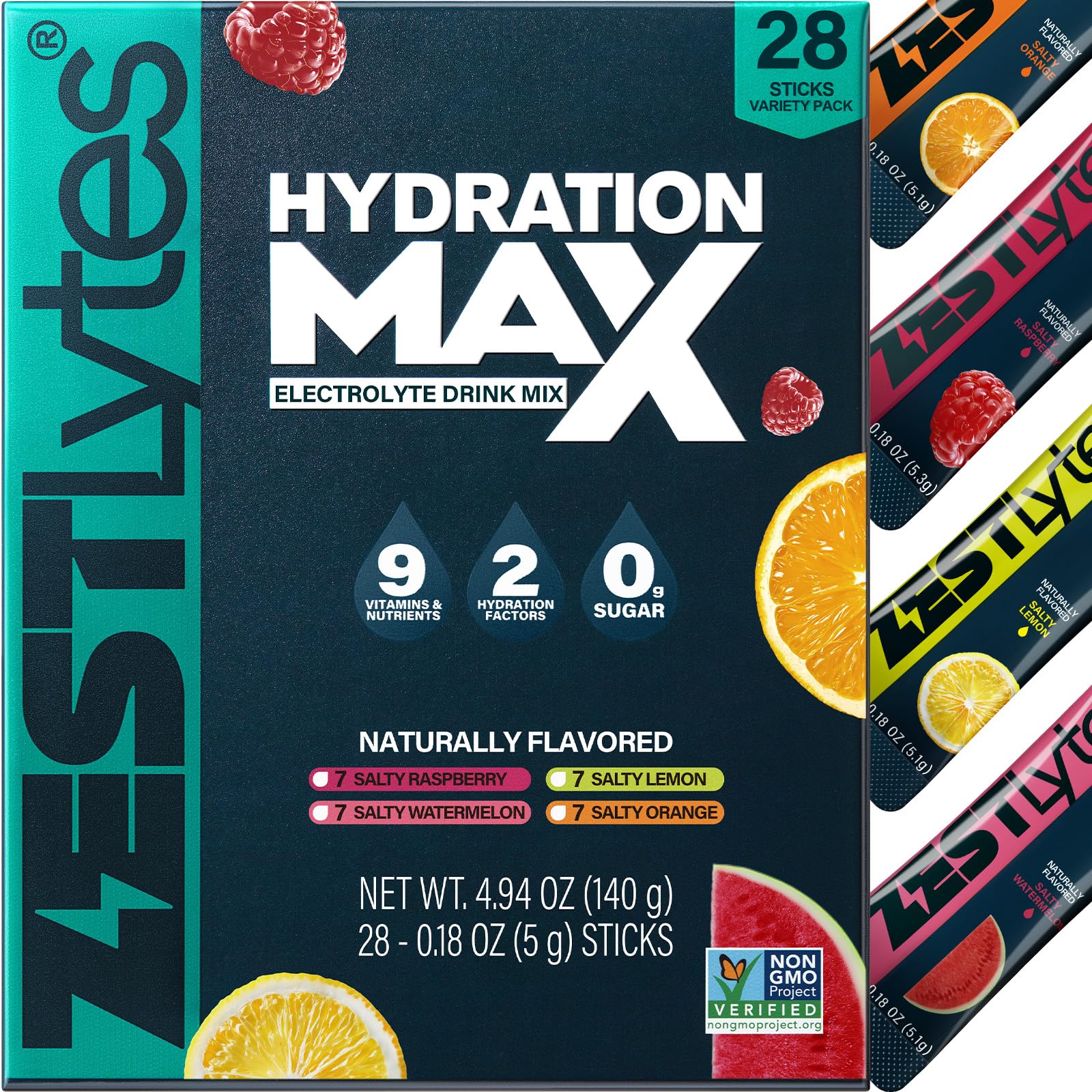 ZestLytes pack frontal mostrando 28 sobres para reponer electrolitos rápidamente