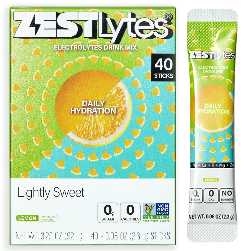 ZestLytes envase frontal mostrando 40 sticks y beneficios claros