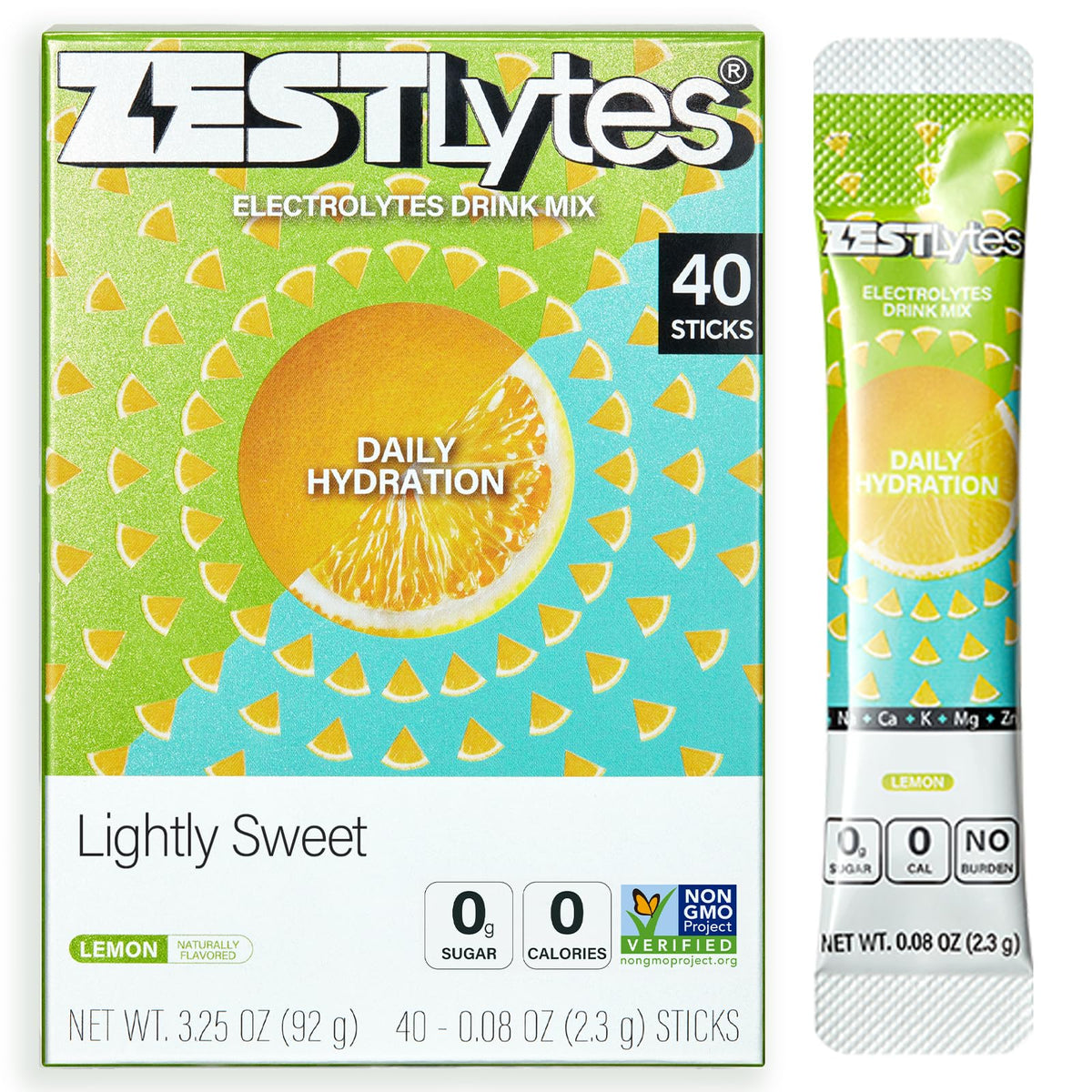 ZestLytes envase frontal mostrando 40 sticks y beneficios claros