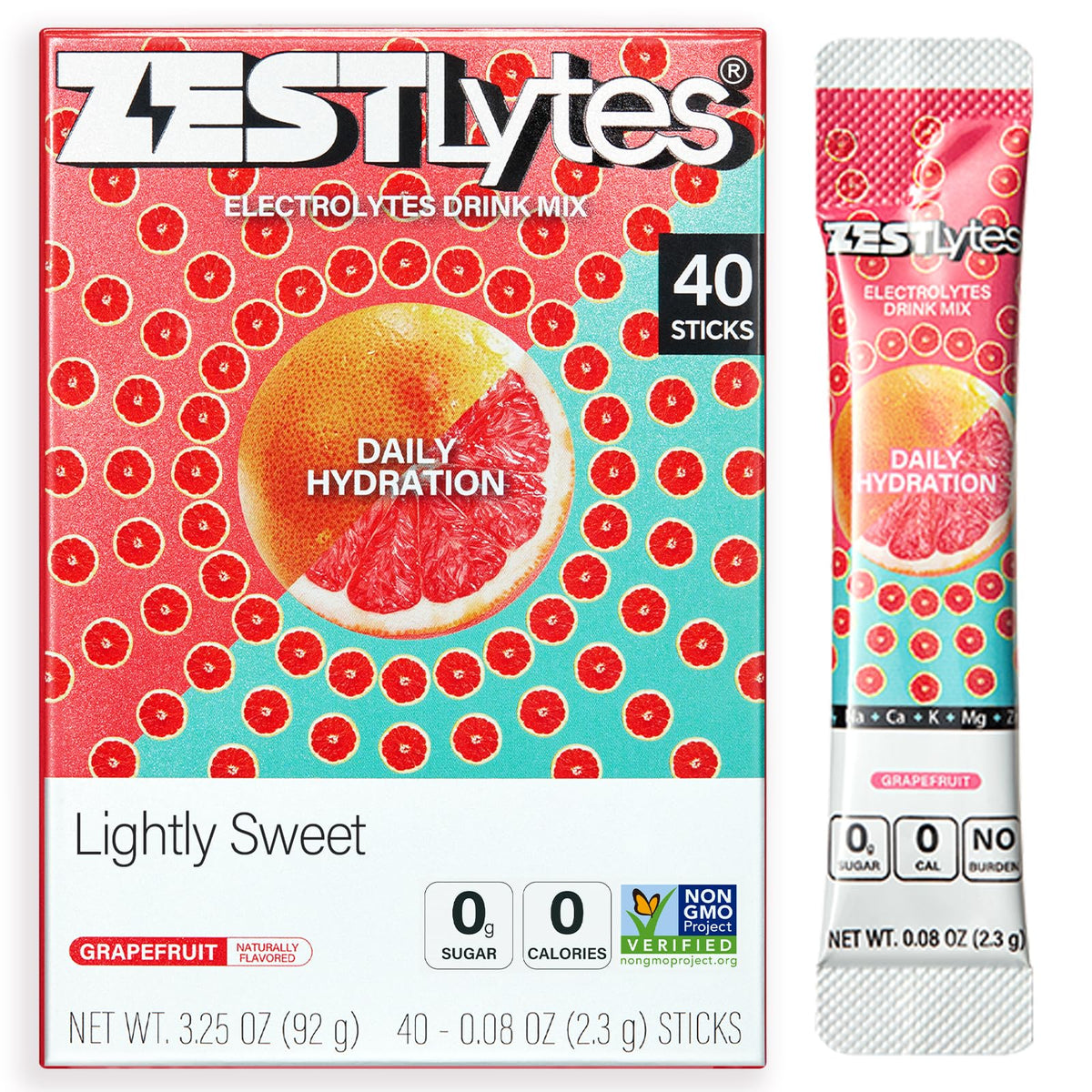 ZestLytes paquete frontal mostrando 40 sticks y beneficios en la etiqueta