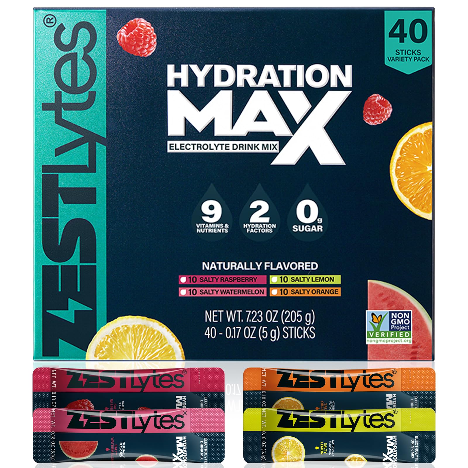 ZestLytes paquete frontal Salty Fruit mostrando 40 sticks para reposición rápida