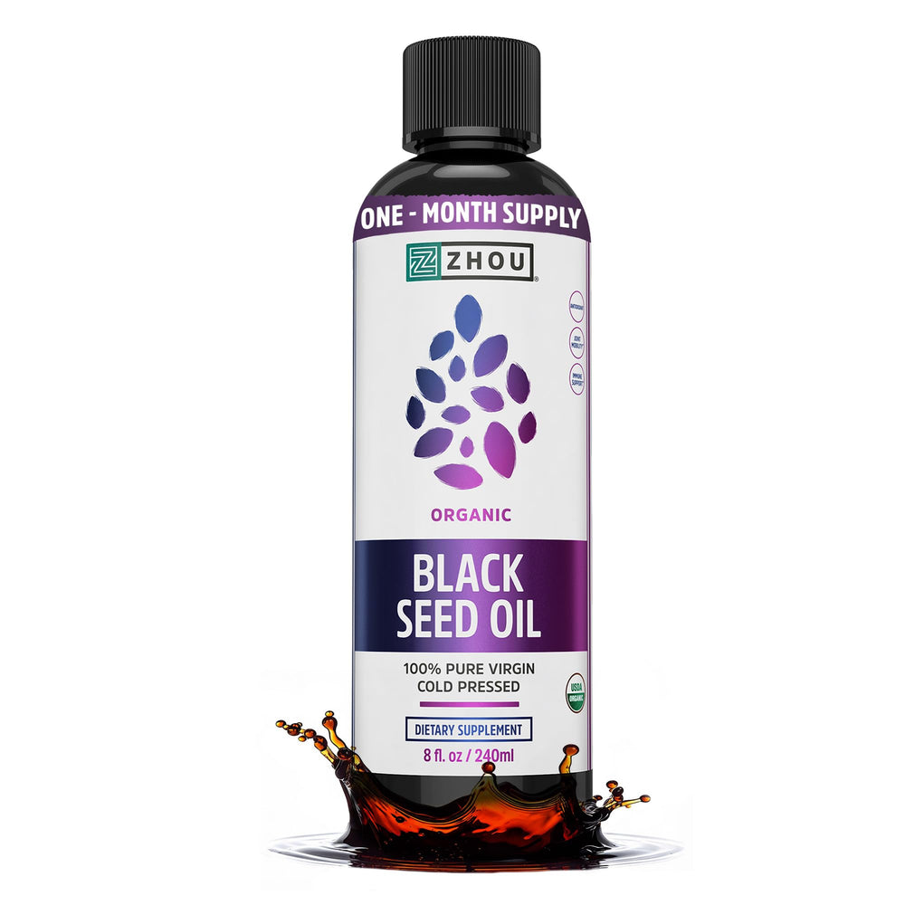 ZHOU aceite semilla negra frontal mostrando botella y etiqueta, beneficio pureza orgánica