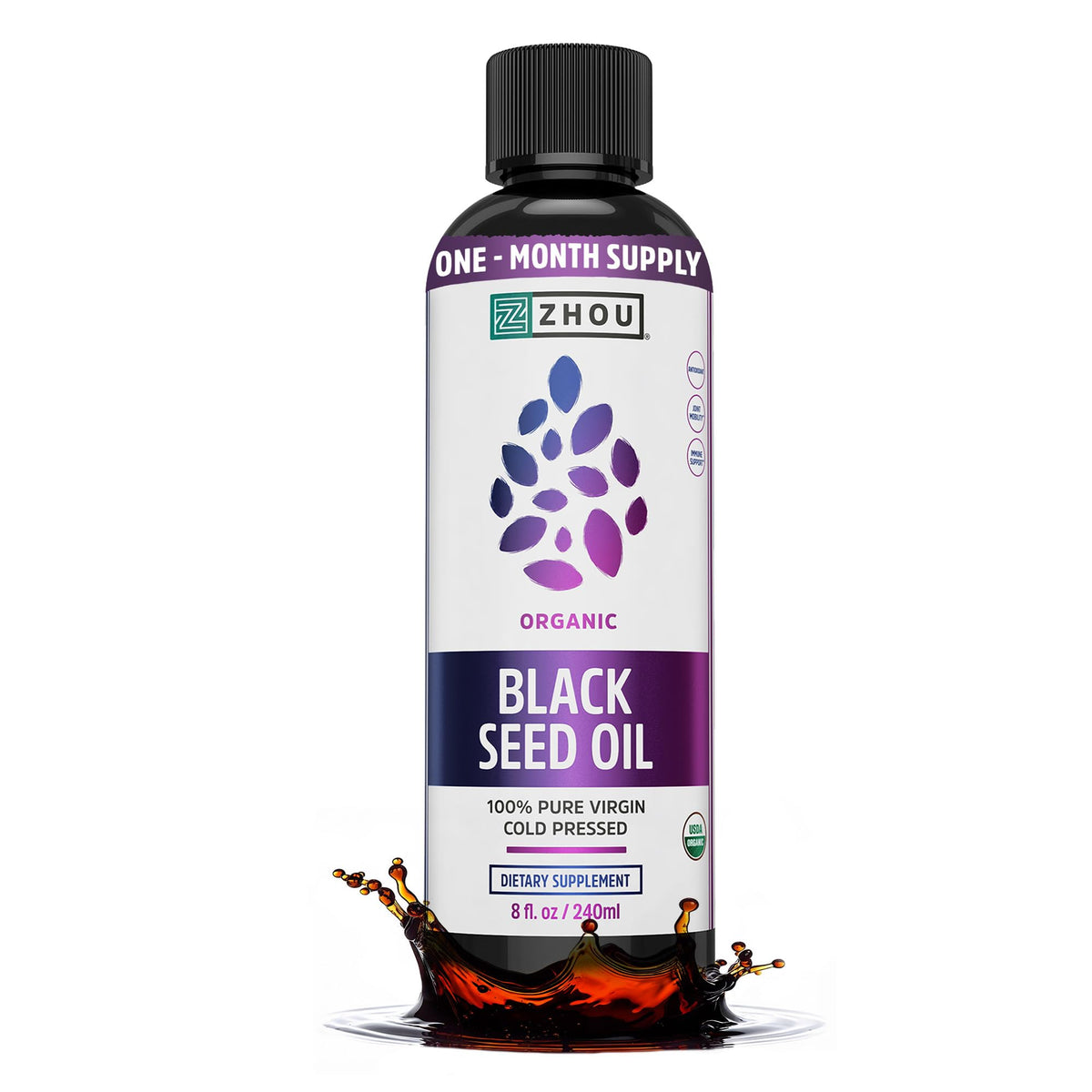 ZHOU aceite semilla negra frontal mostrando botella y etiqueta, beneficio pureza orgánica