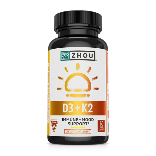 Zhou D3+K2, botella frontal, apoyo a la salud ósea y energía diaria.
