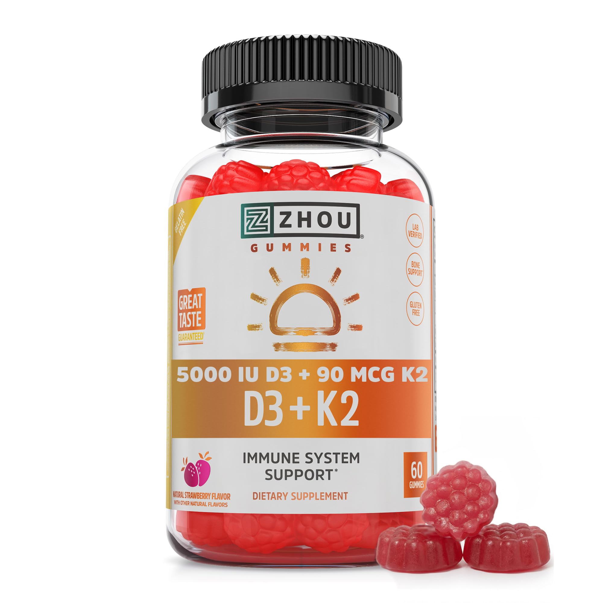 ZHOU envase frontal de D3+K2 mostrando dosis y 60 gomitas, facilita la suplementación