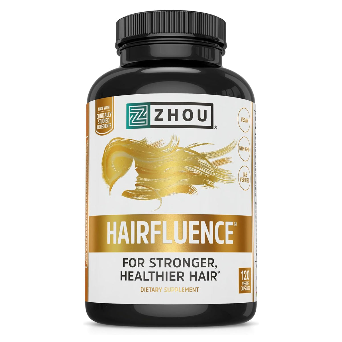 ZHOU bote frontal de Hairfluence mostrando etiqueta clara y beneficios