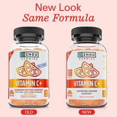 Etiqueta de Zhou Vitamin C+ mostrando bioflavonoides y acerola para antioxidantes