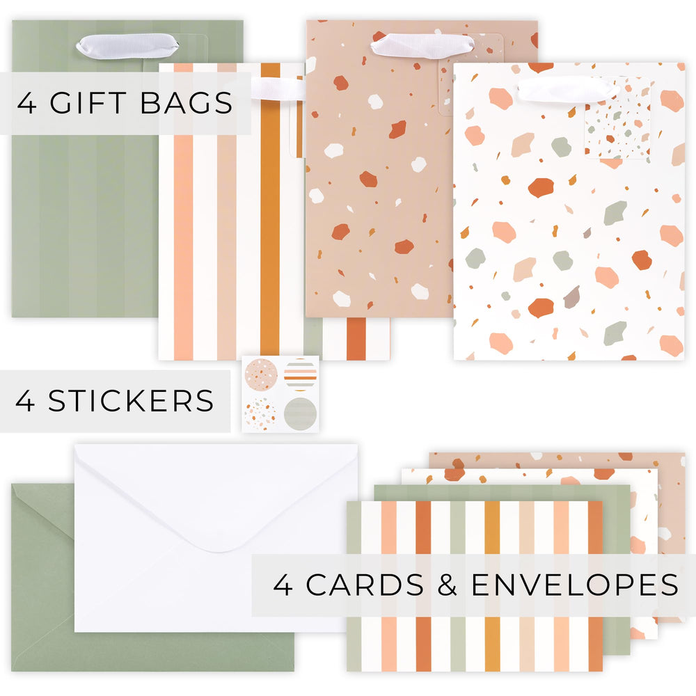 ZICOTO vista del set completo con bolsas, tarjetas, sobres, pegatinas y papel de seda