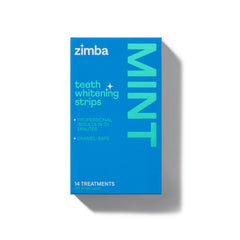 Zimba empaque frontal mostrando 28 tiras y beneficios de menta